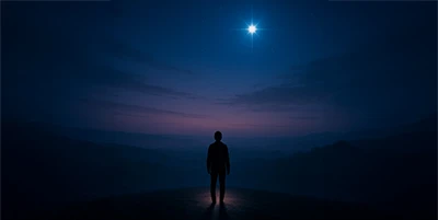 Pessoa olhando para um horizonte com uma única estrela brilhante, simbolizando a busca por um propósito e a esperança da Estrela da Manhã.